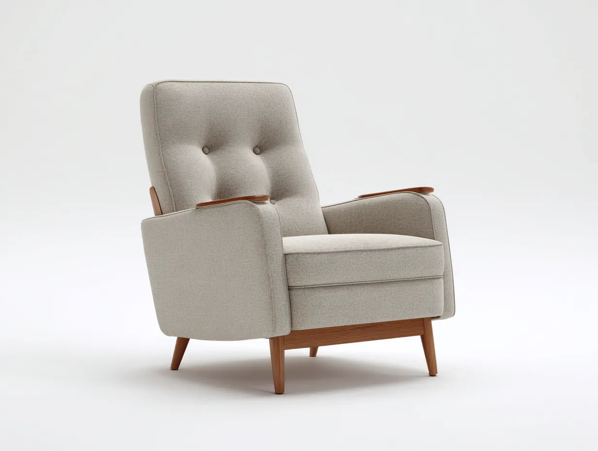 Sessel mit Webstoff und gepolsterten Armseiten 78x89x101 cm - Cremebeige und Eiche - Knopfheftung für das Wohnzimmer