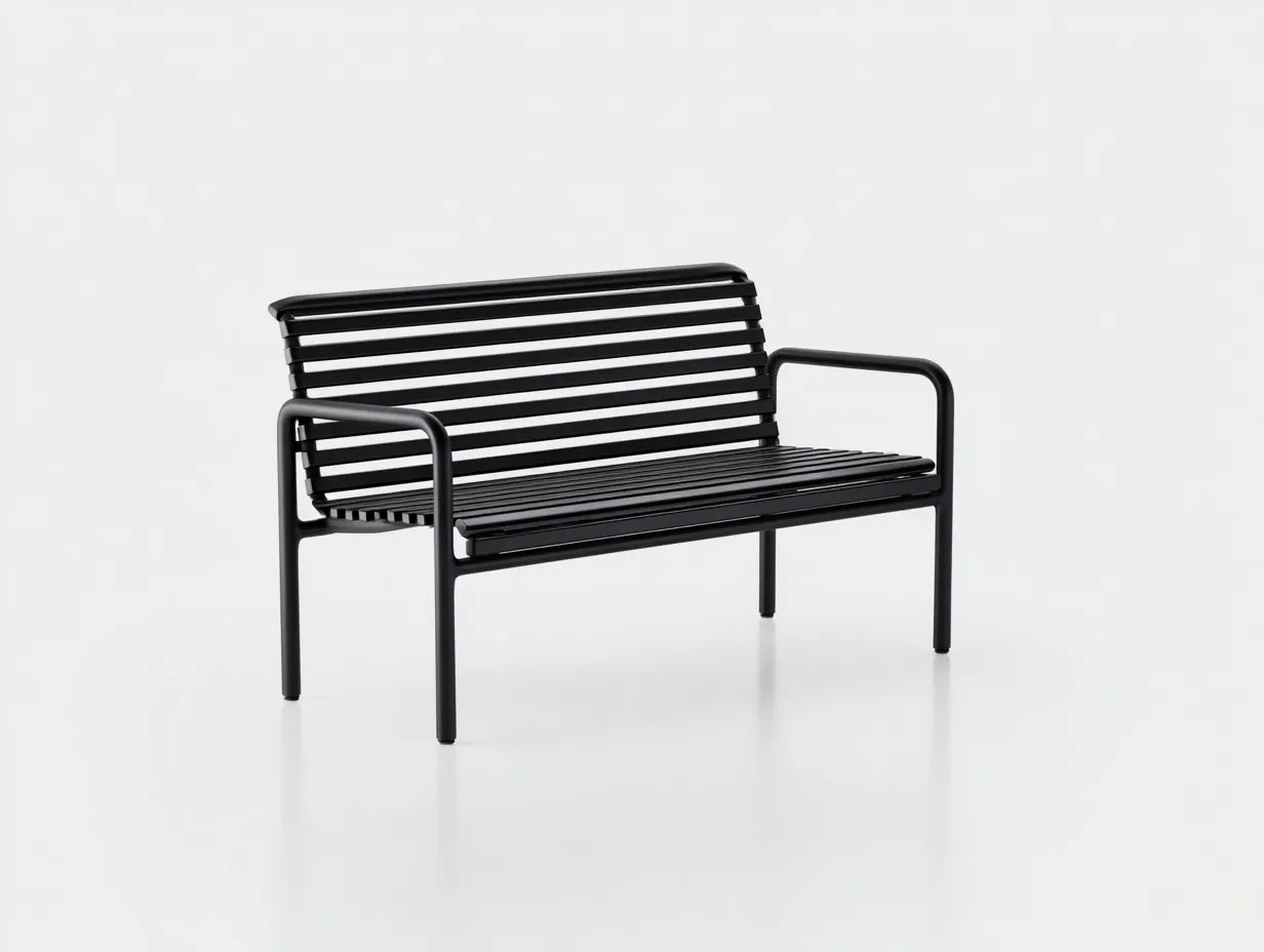 Sitzbank aus schwarzem Metall 134x60x82 cm - Schwarz - Lamellenbank mit Armlehnen für Außenbereich